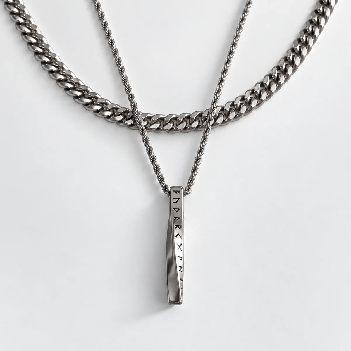 Viking Rune Twist Necklace Layered Set with Cuban Chain