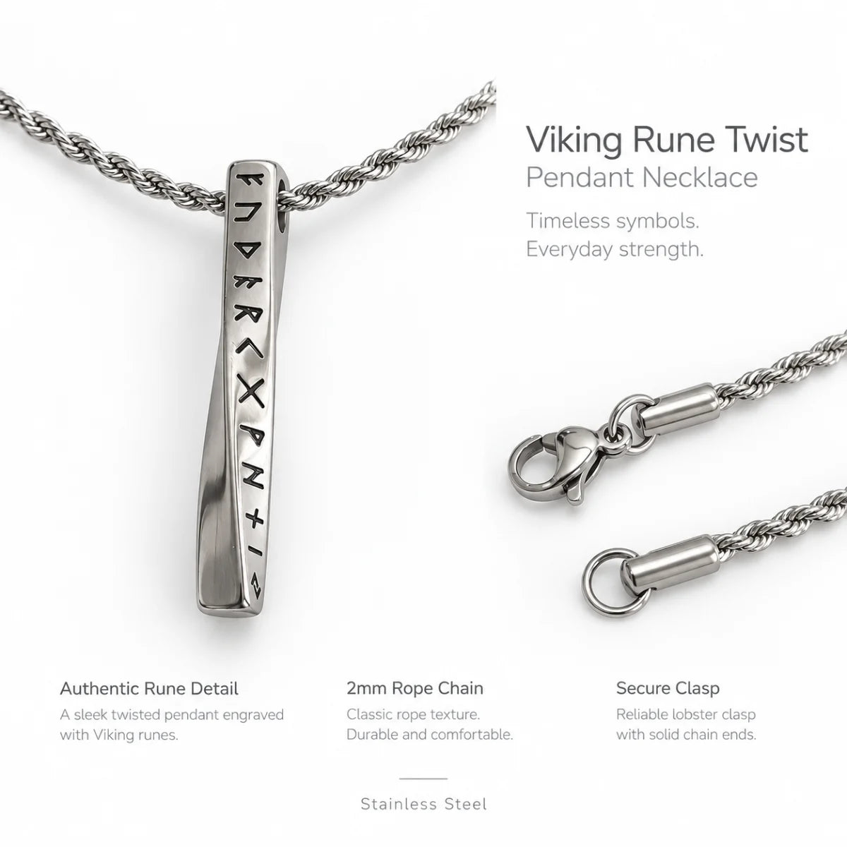 Viking Rune Twist Necklace Rune Pendant Rope Chain and Clasp Details