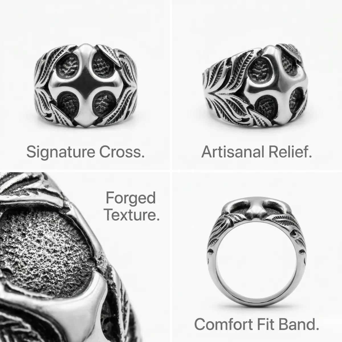 Vintage Floral Cross Ring Design Features Forged Texture Religious Jewelry