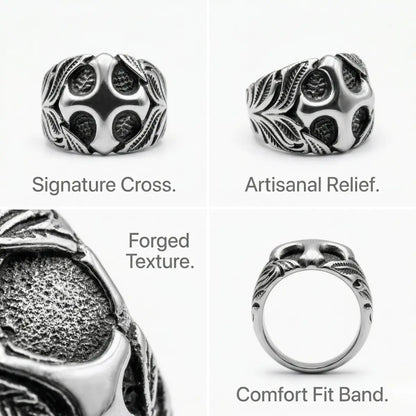Vintage Floral Cross Ring Design Features Forged Texture Religious Jewelry