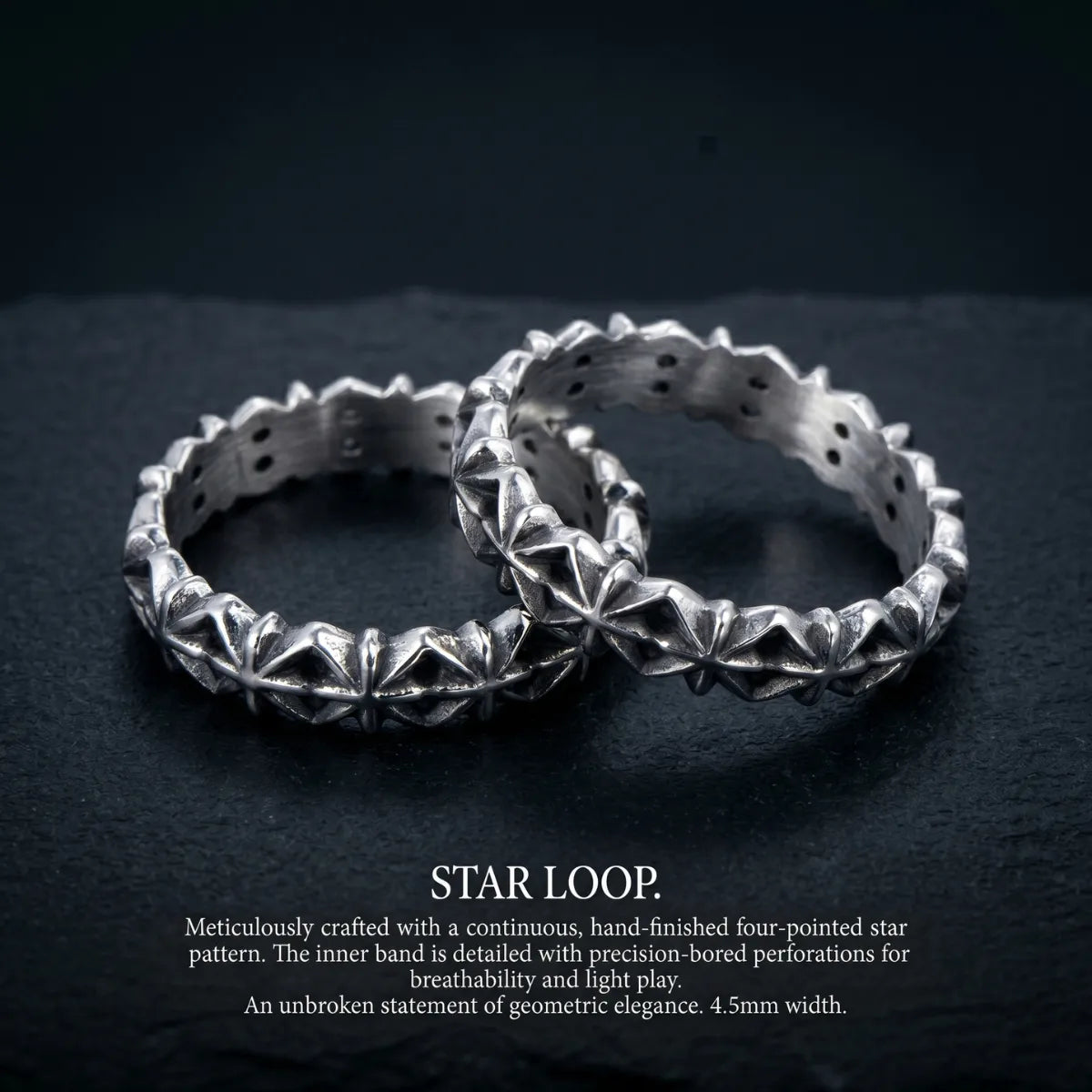 Vintage Star Loop Rings Duo Premium Stainless Steel 4.4mm 0.17 Inch Alternative Couple Bands