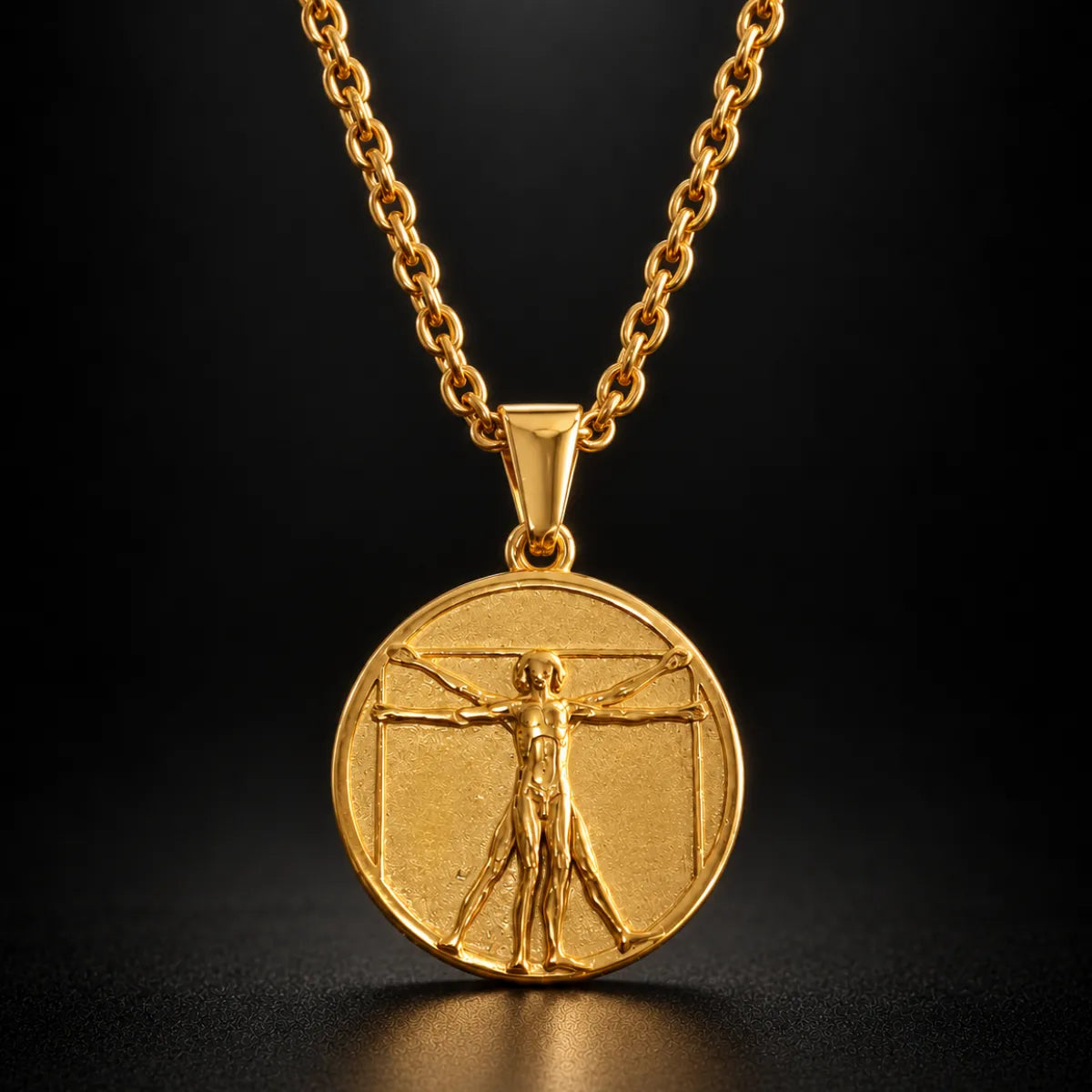 vitruvian man pendant necklace gold black background hero