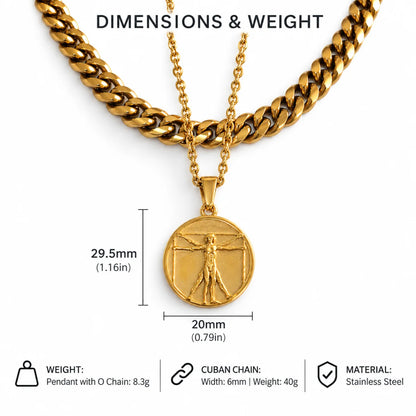 vitruvian man pendant necklace gold dimensions and weight