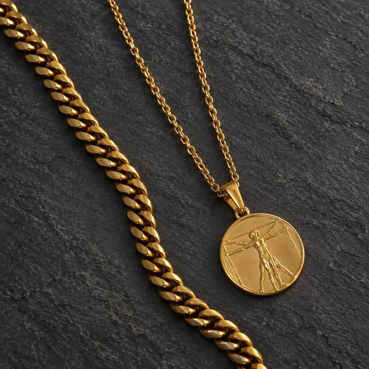 vitruvian man pendant necklace gold layered set birds eye display