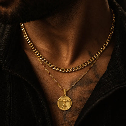 vitruvian man pendant necklace gold layered set lifestyle black shirt