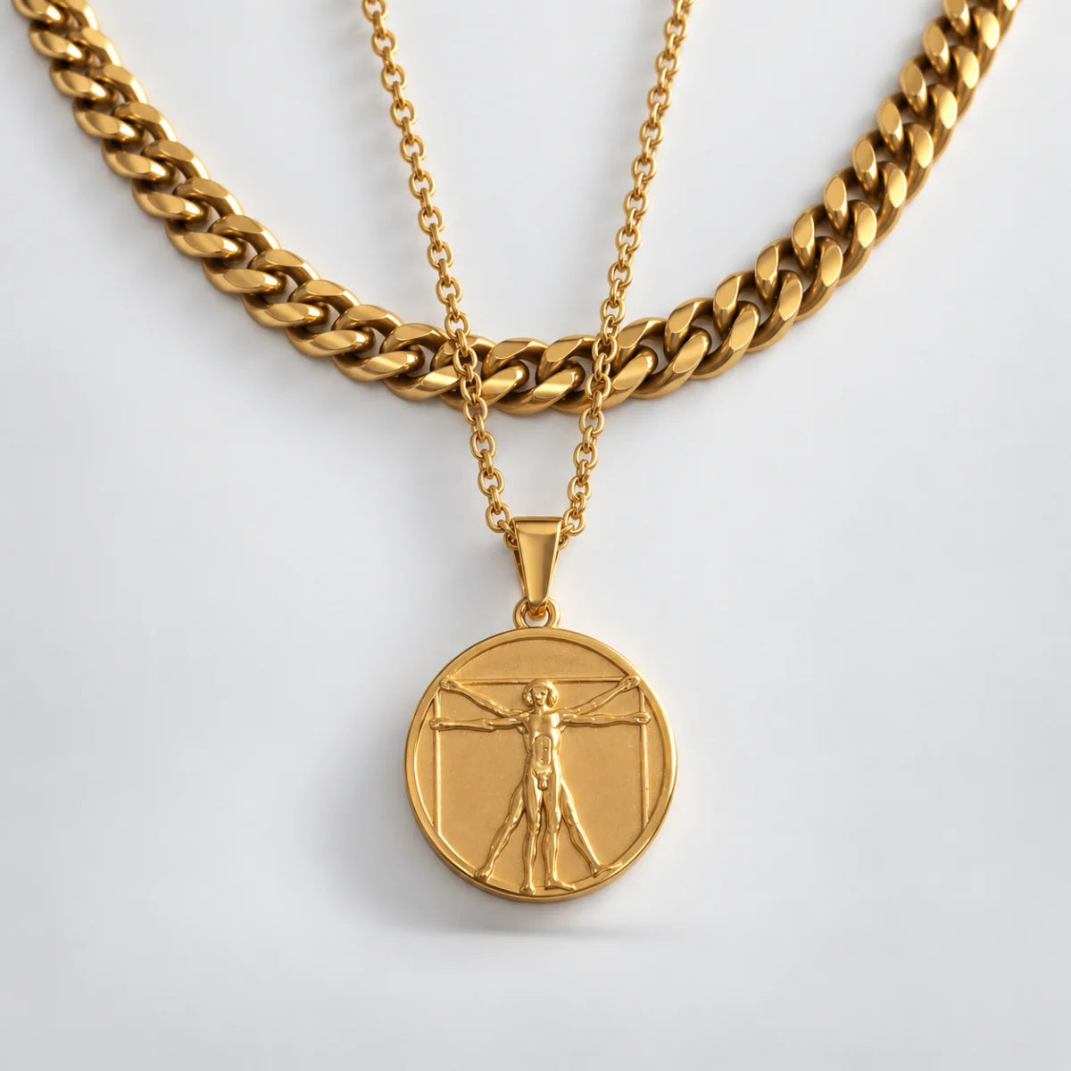 vitruvian man pendant necklace gold layered set white background