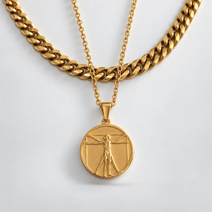 vitruvian man pendant necklace gold layered set white background