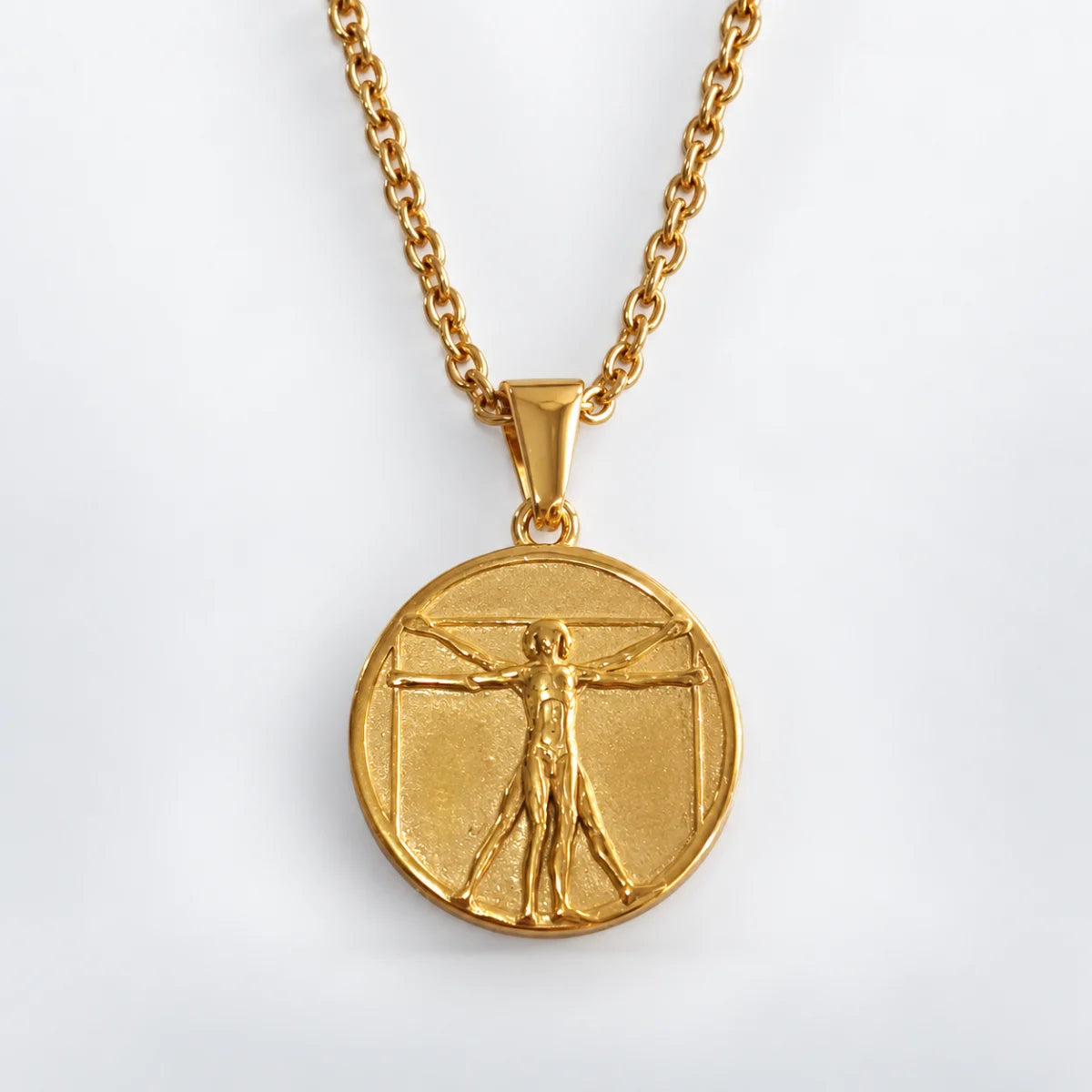 vitruvian man pendant necklace gold with o chain white background