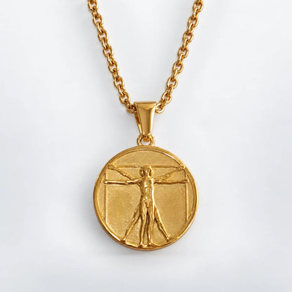 vitruvian man pendant necklace gold with o chain white background