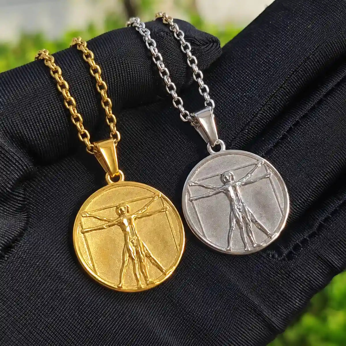 vitruvian man pendant necklace silver and gold color comparison