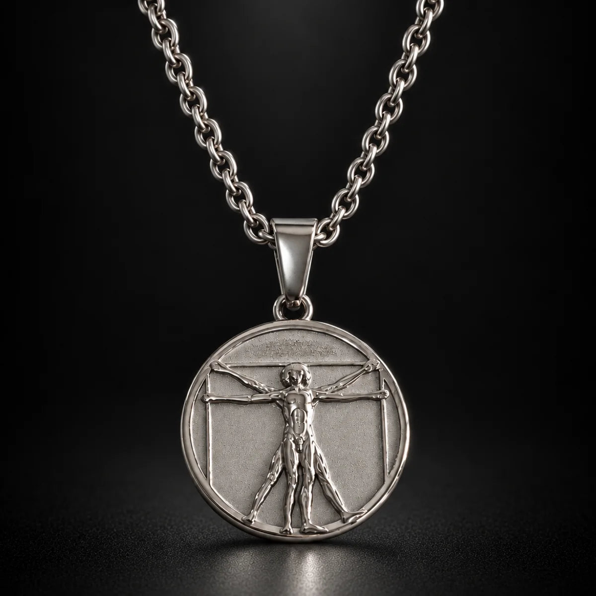 vitruvian man pendant necklace silver black background hero