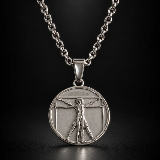 vitruvian man pendant necklace silver black background hero