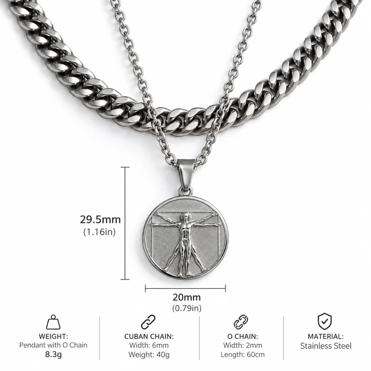 vitruvian man pendant necklace silver dimensions and weight