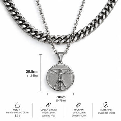 vitruvian man pendant necklace silver dimensions and weight