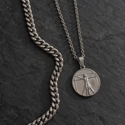 vitruvian man pendant necklace silver layered set birds eye display
