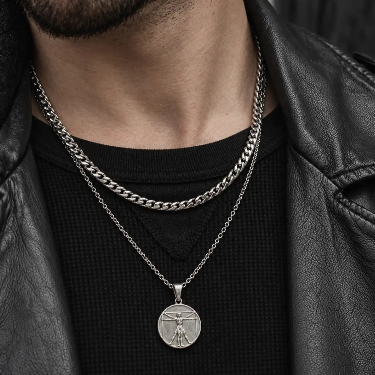 vitruvian man pendant necklace silver layered set lifestyle black jacket