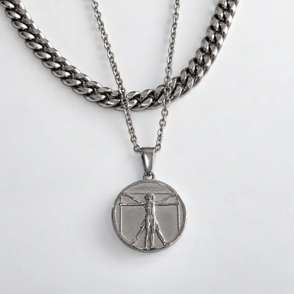vitruvian man pendant necklace silver layered set white background