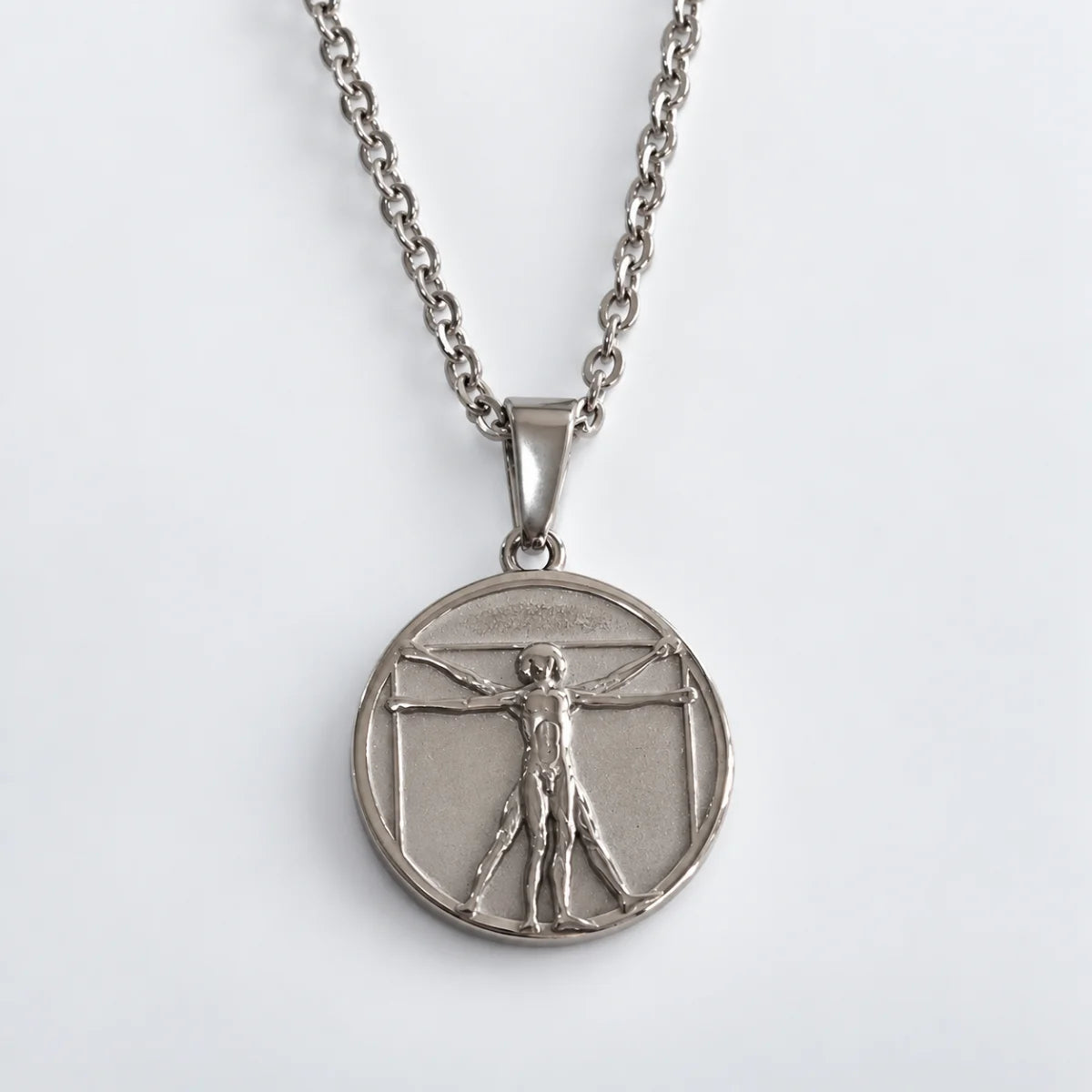 vitruvian man pendant necklace silver with o chain white background