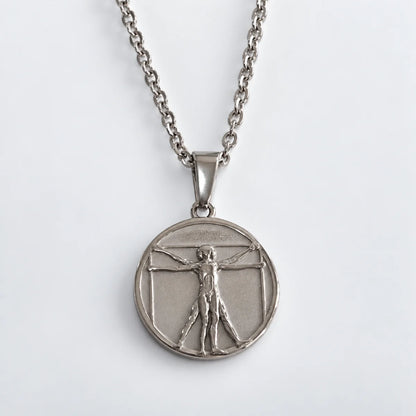 vitruvian man pendant necklace silver with o chain white background