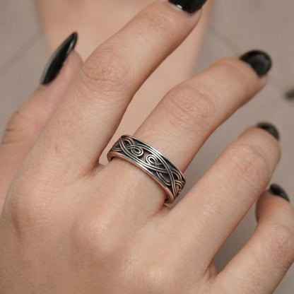 Woman Wearing 6mm Filigree Knot Band Black Nails Dark Aesthetic Womens Jewelry