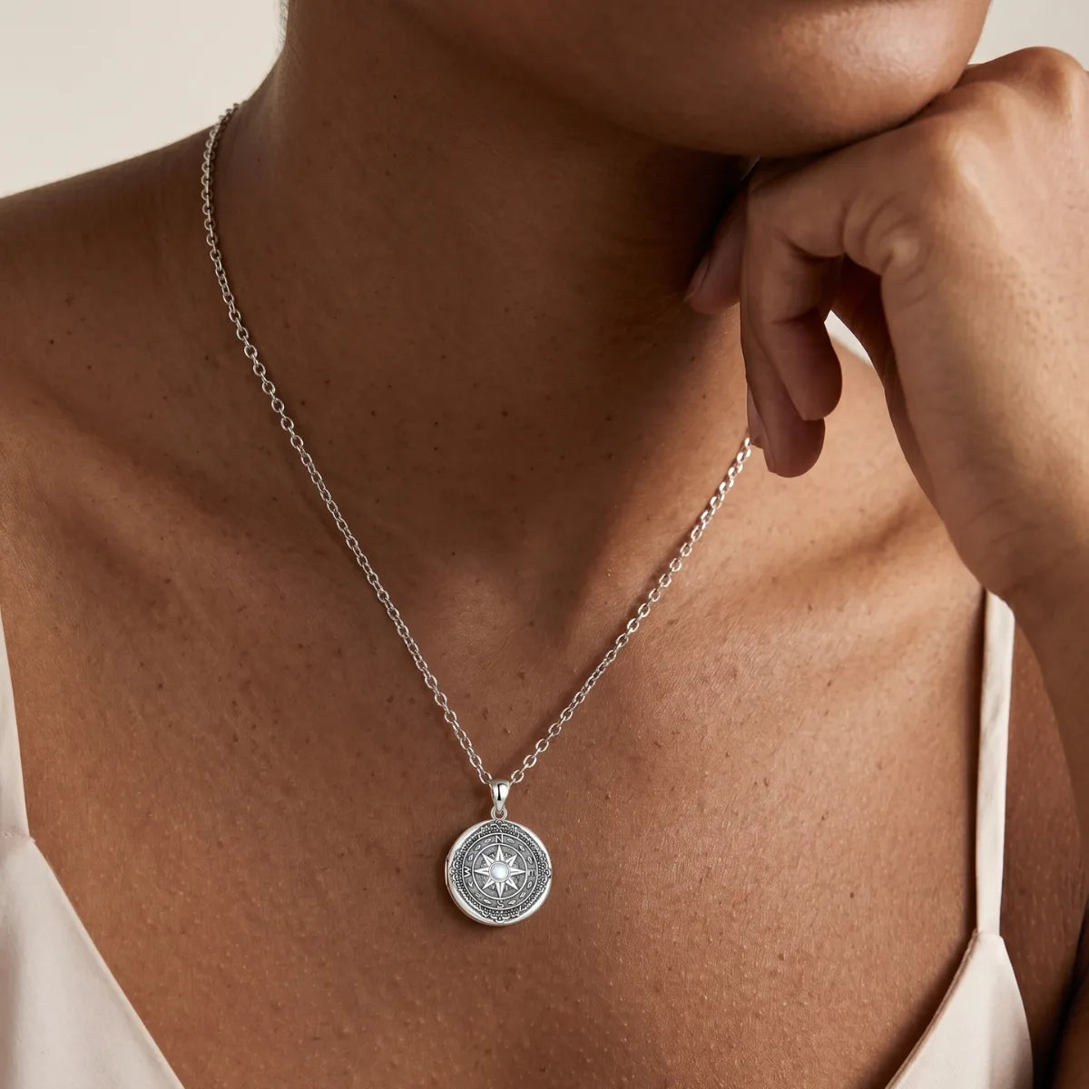 Woman Wearing 925 Sterling Silver Moonstone Compass Locket Necklace Elegant Fine Jewelry