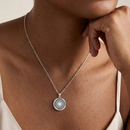 Woman Wearing 925 Sterling Silver Moonstone Compass Locket Necklace Elegant Fine Jewelry