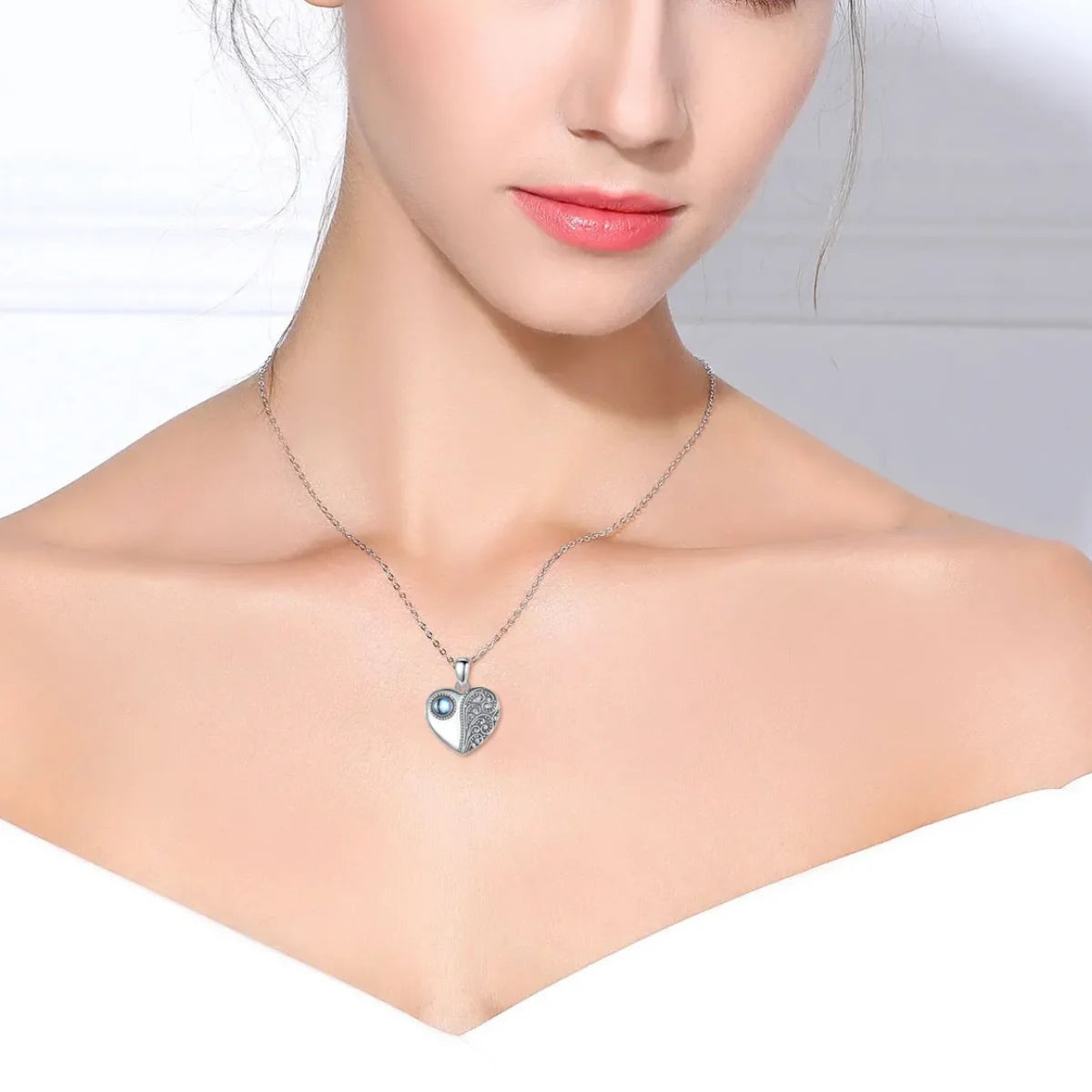 Woman Wearing 925 Sterling Silver Moonstone Heart Locket Necklace Womens Fine Jewelry