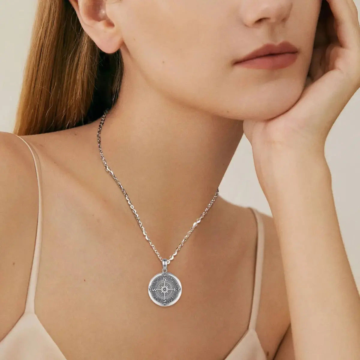 Woman Wearing 925 Sterling Silver Vintage Compass Photo Locket Necklace Womens Fine Jewelry