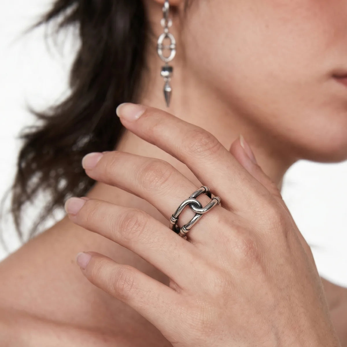 Woman Wearing Bamboo Knot Ring Minimalist Aesthetic Womens Jewelry