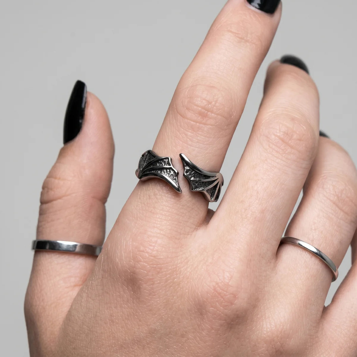 Woman Wearing Bat Wing Ring Black Nails Dark Aesthetic Womens Jewelry