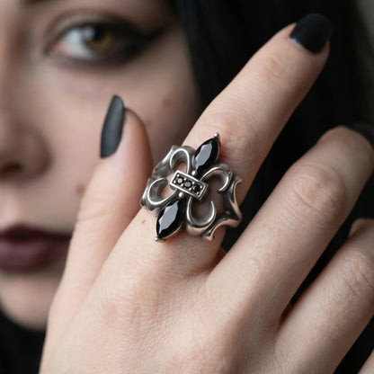 Woman Wearing Black Stone Fleur De Lis Ring Black Nails Gothic Statement Jewelry