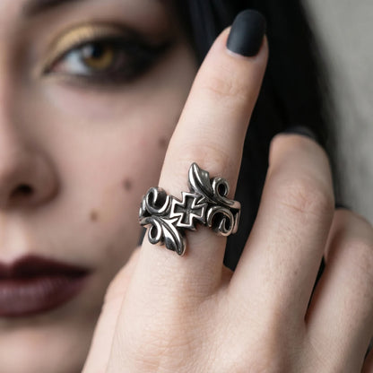 Woman Wearing Bypass Cross Ring Dark Aesthetic Womens Jewelry