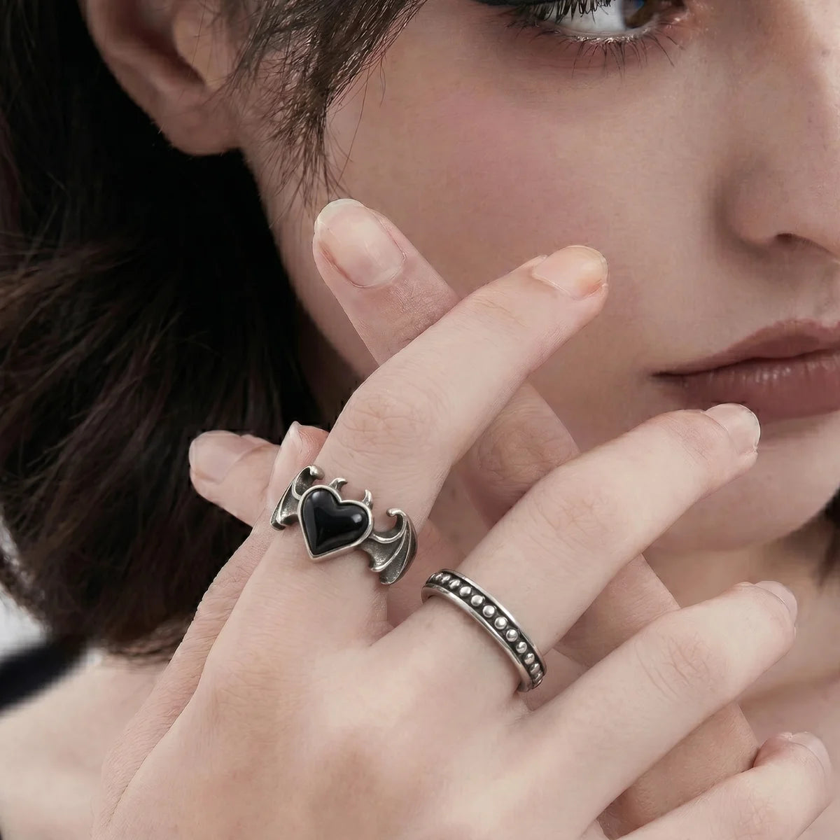 Woman Wearing Dot Band Ring Stacked Dark Aesthetic Womens Jewelry