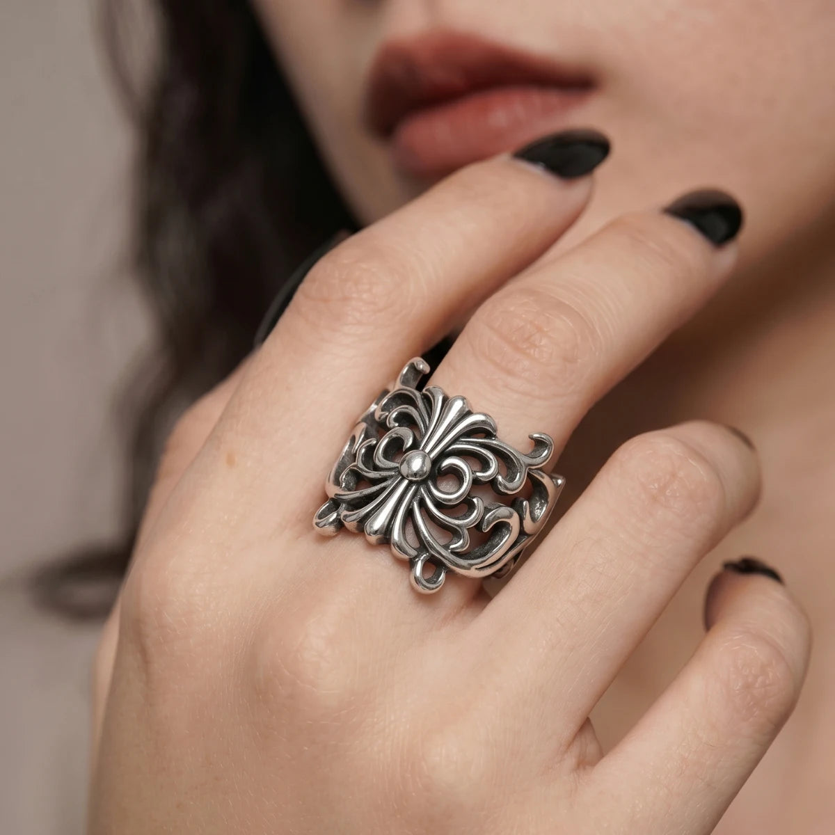 Woman Wearing Fleur De Lis Cross Ring Black Nails Dark Aesthetic Womens Jewelry