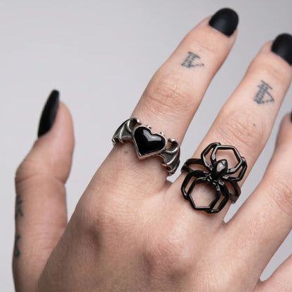 Woman Wearing Gothic Spider Ring Silver and Bat Wing Heart Ring