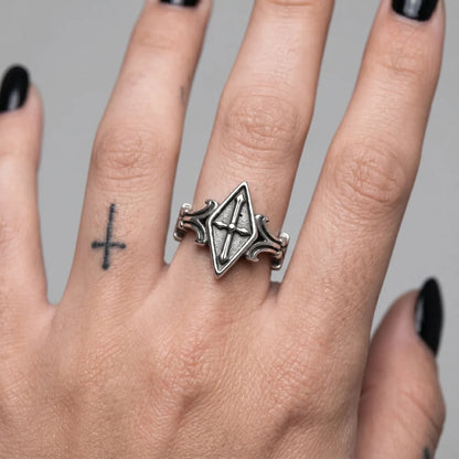Woman Wearing Rhombus Frame Cross Ring Black Nails Whimsigoth Christian Jewelry