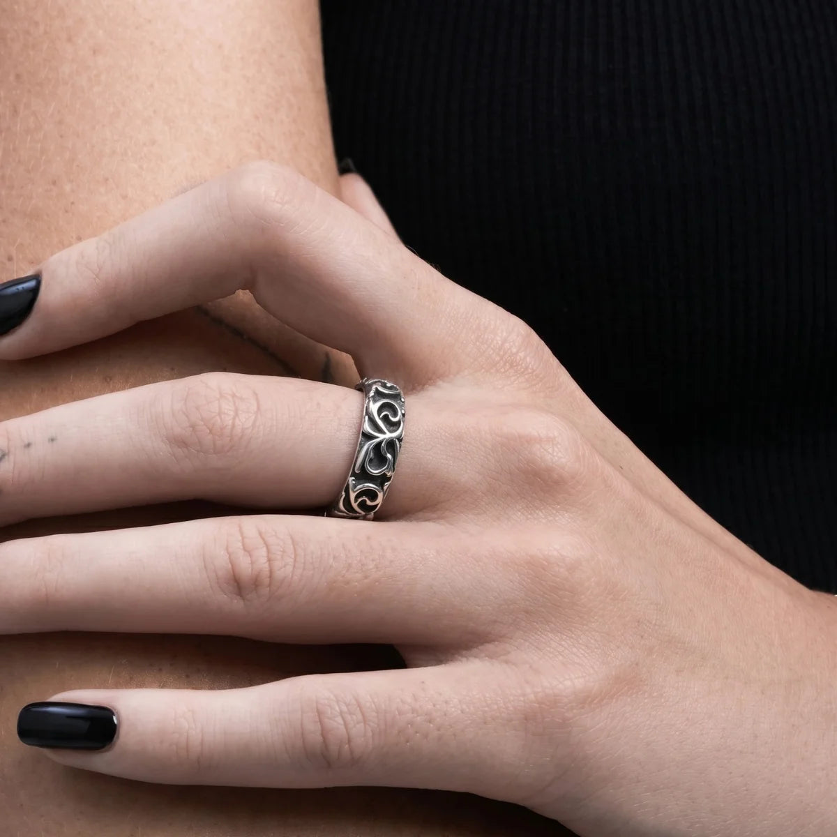 Woman Wearing Scroll Ring Black Nails Dark Aesthetic Jewelry