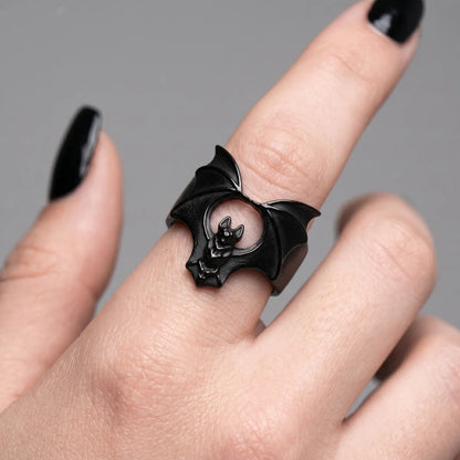 Woman Wearing Vampire Bat Ring Black Alternative Vampire Jewelry