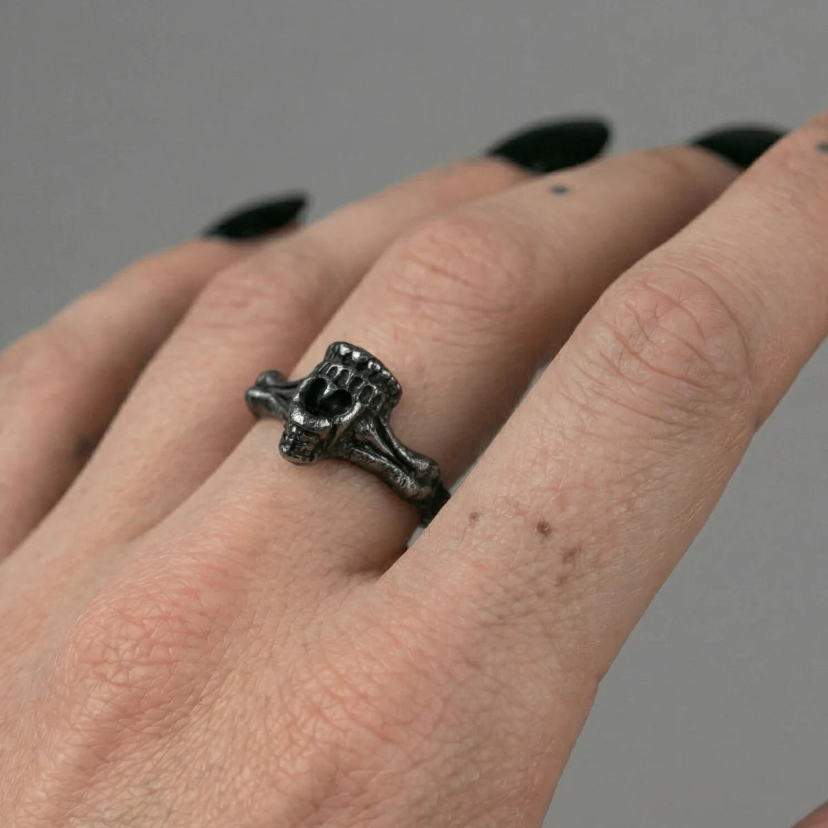 Womans Half Skull Ring with edgy skull detail and dark texture